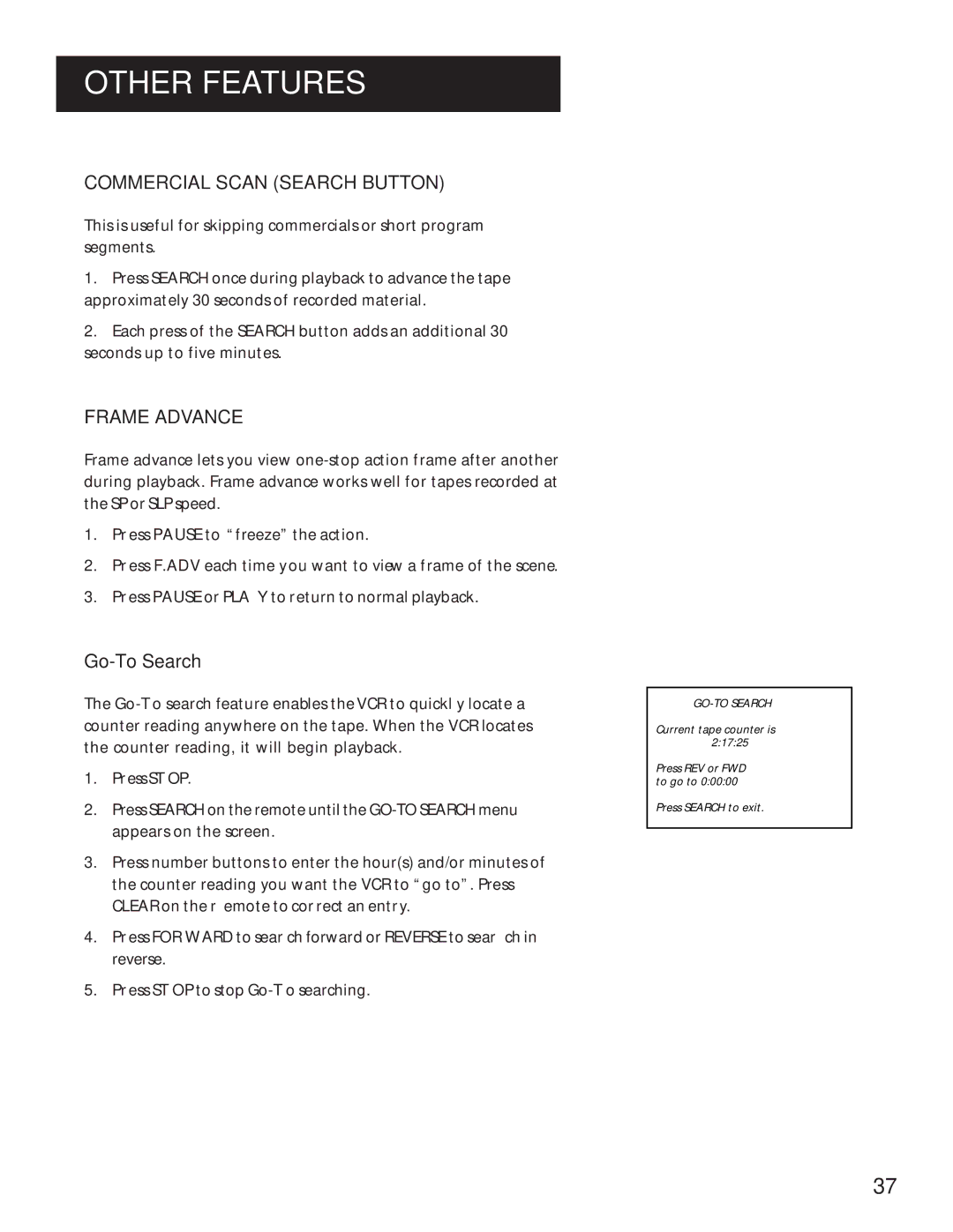 RCA VR629HF manual Commercial Scan Search Button, Frame Advance, GO-TO Search 