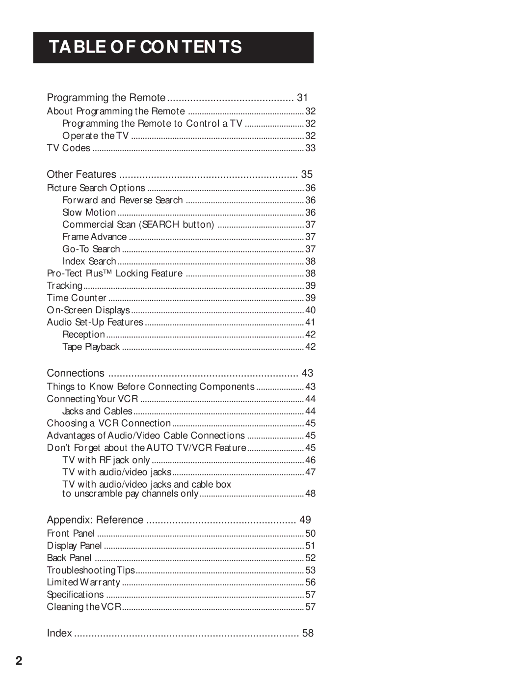 RCA VR629HF manual Programming the Remote, Other Features, Connections, Appendix Reference, Index 