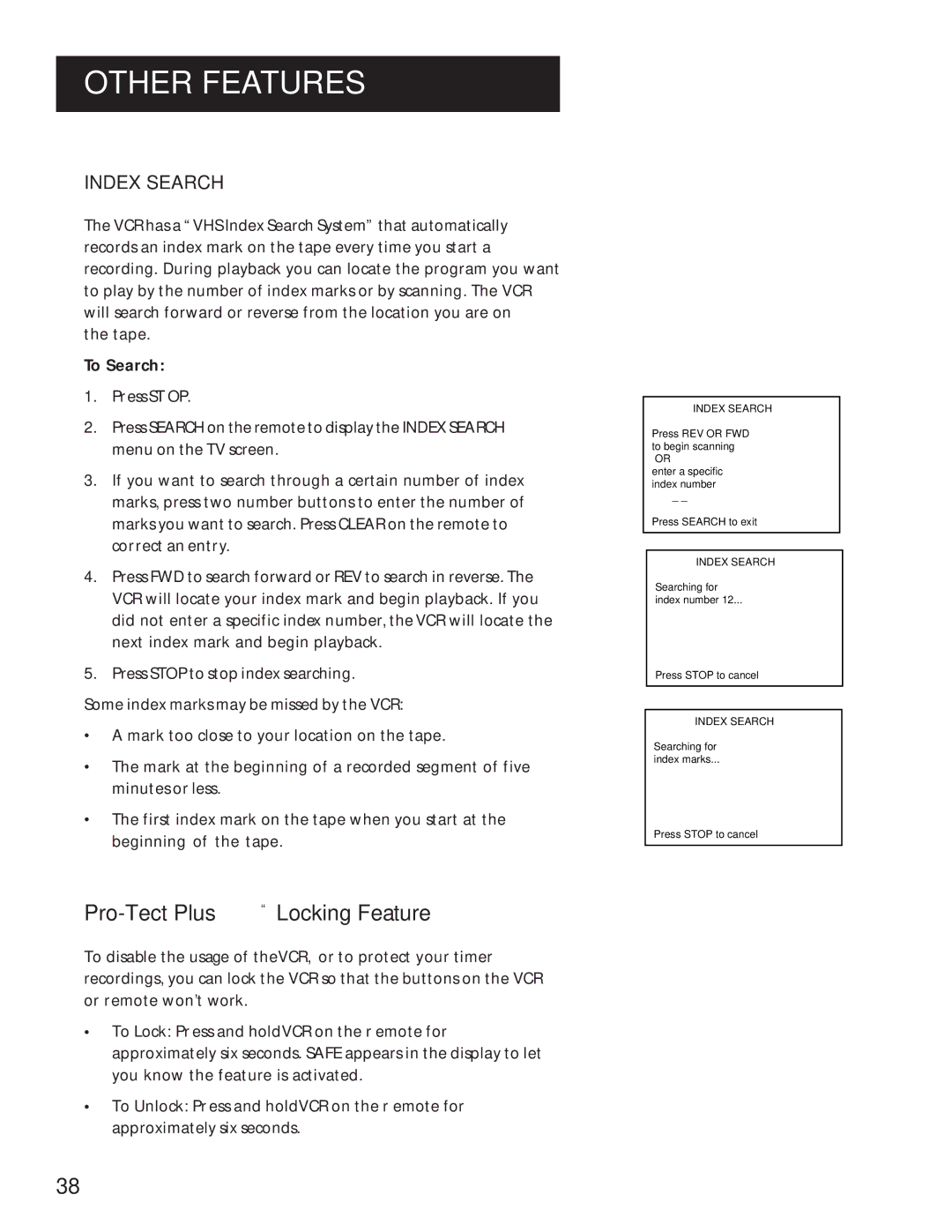 RCA VR629HF manual PRO-TECT Plus Locking Feature, Index Search 