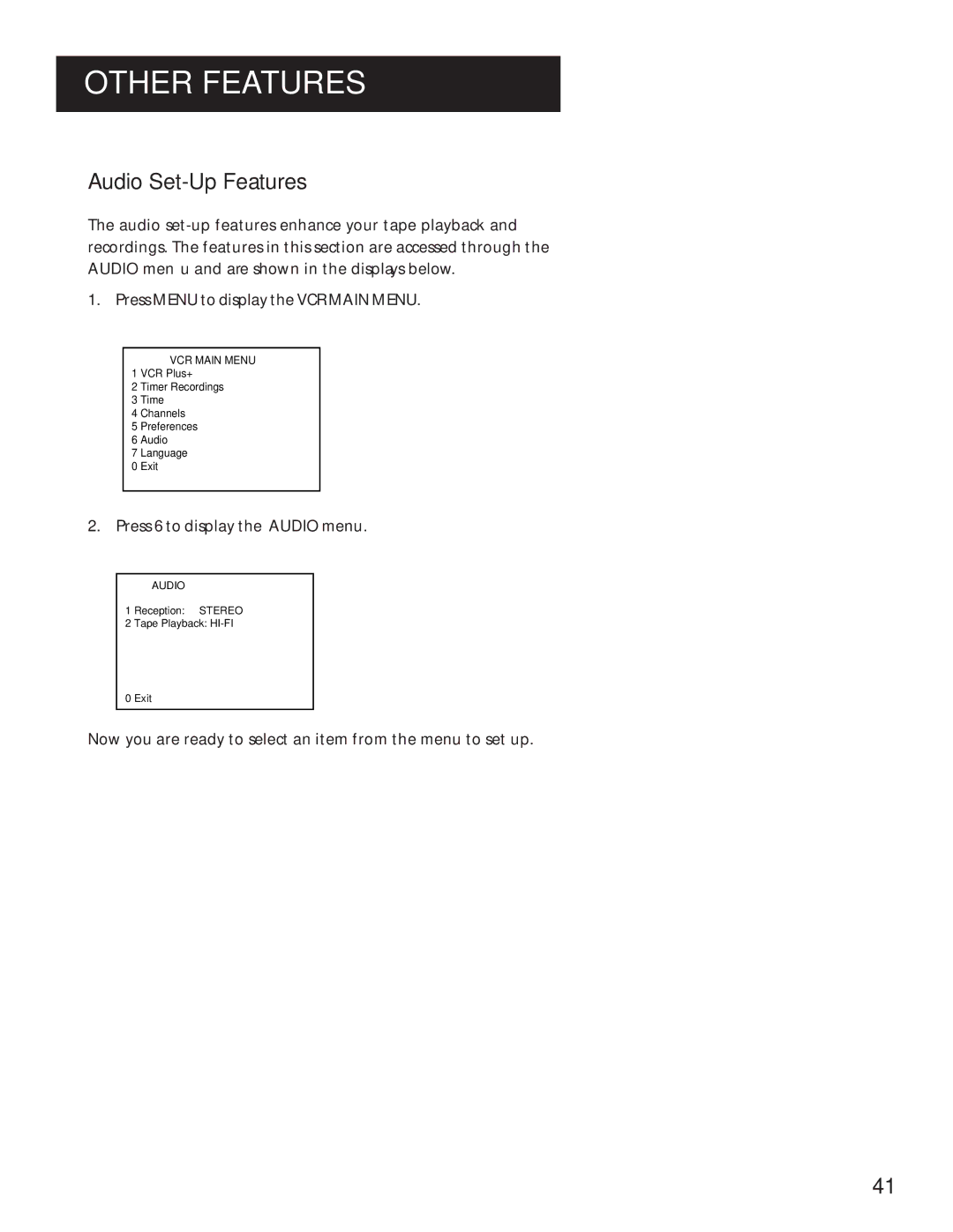 RCA VR629HF manual Audio SET-UP Features 