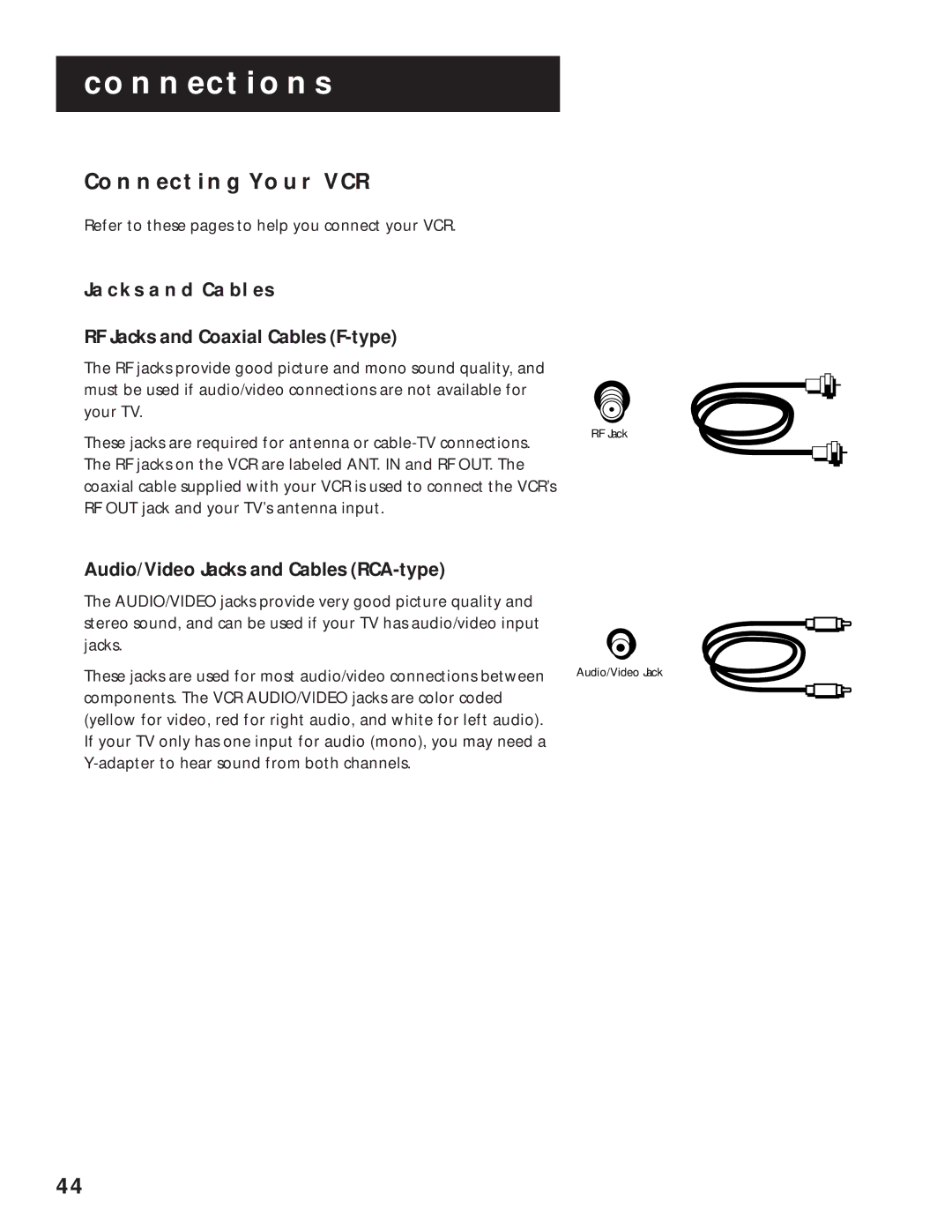 RCA VR629HF manual Connecting Your VCR, Jacks and Cables, RF Jacks and Coaxial Cables F-type 