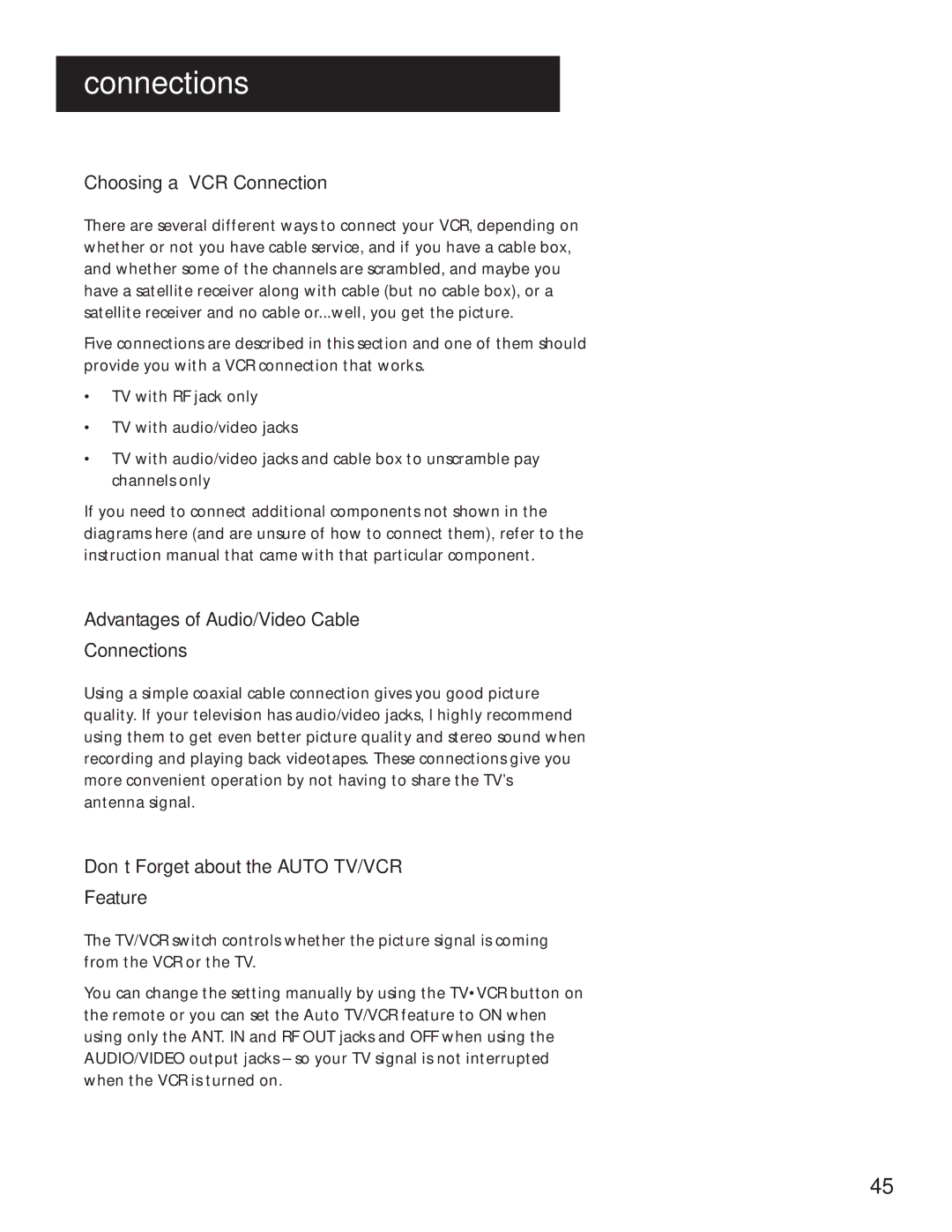 RCA VR629HF manual Choosing a VCR Connection, Advantages of AUDIO/VIDEO Cable Connections 