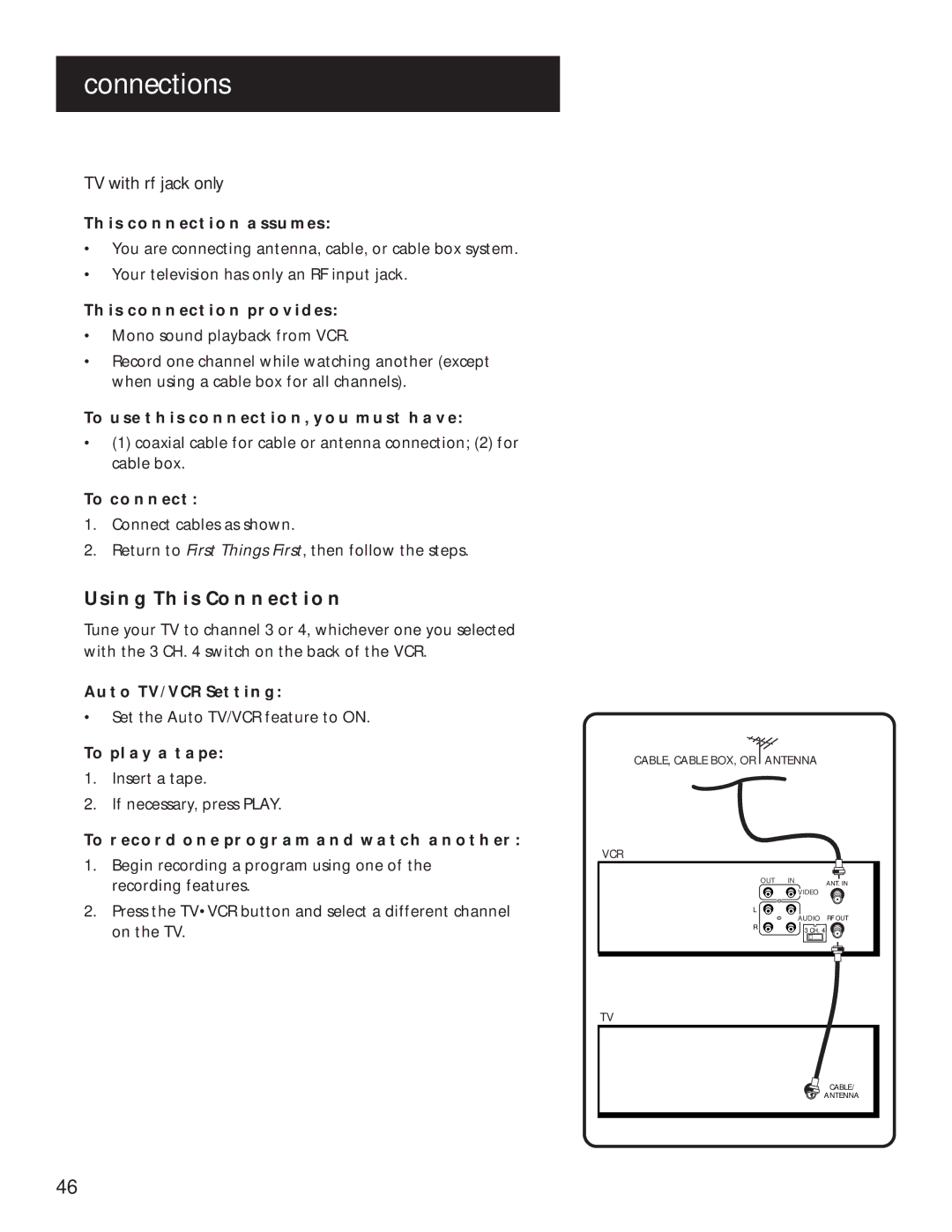 RCA VR629HF manual TV with RF Jack only, Using This Connection 