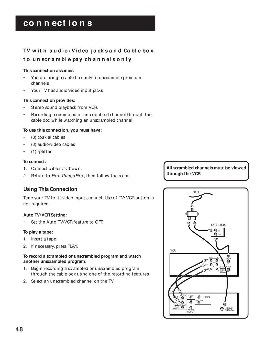 RCA VR629HF manual All scrambled channels must be viewed through the VCR 