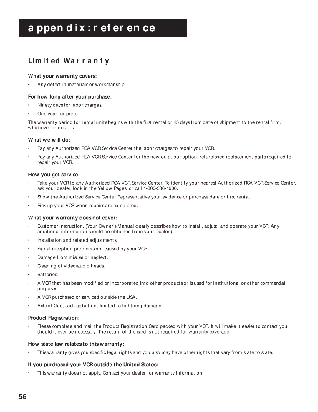 RCA VR629HF manual Limited Warranty, For how long after your purchase 