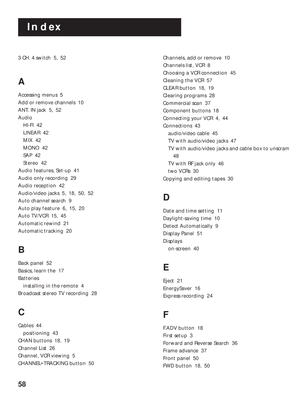 RCA VR629HF manual Index, Mono 