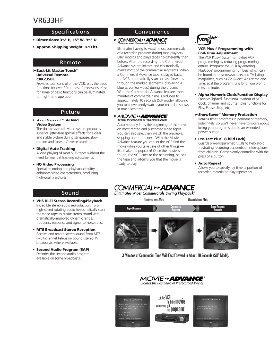 RCA VR633HF manual Specifications, Remote, Picture, Convenience, Sound 