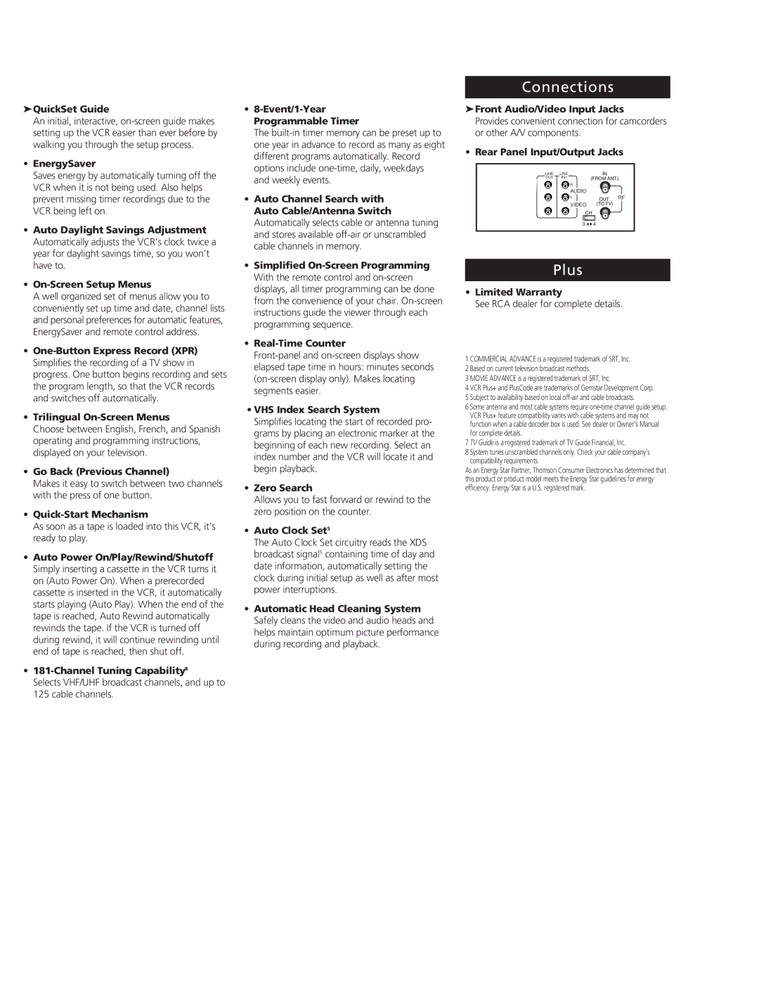 RCA VR633HF manual Connections, Plus 