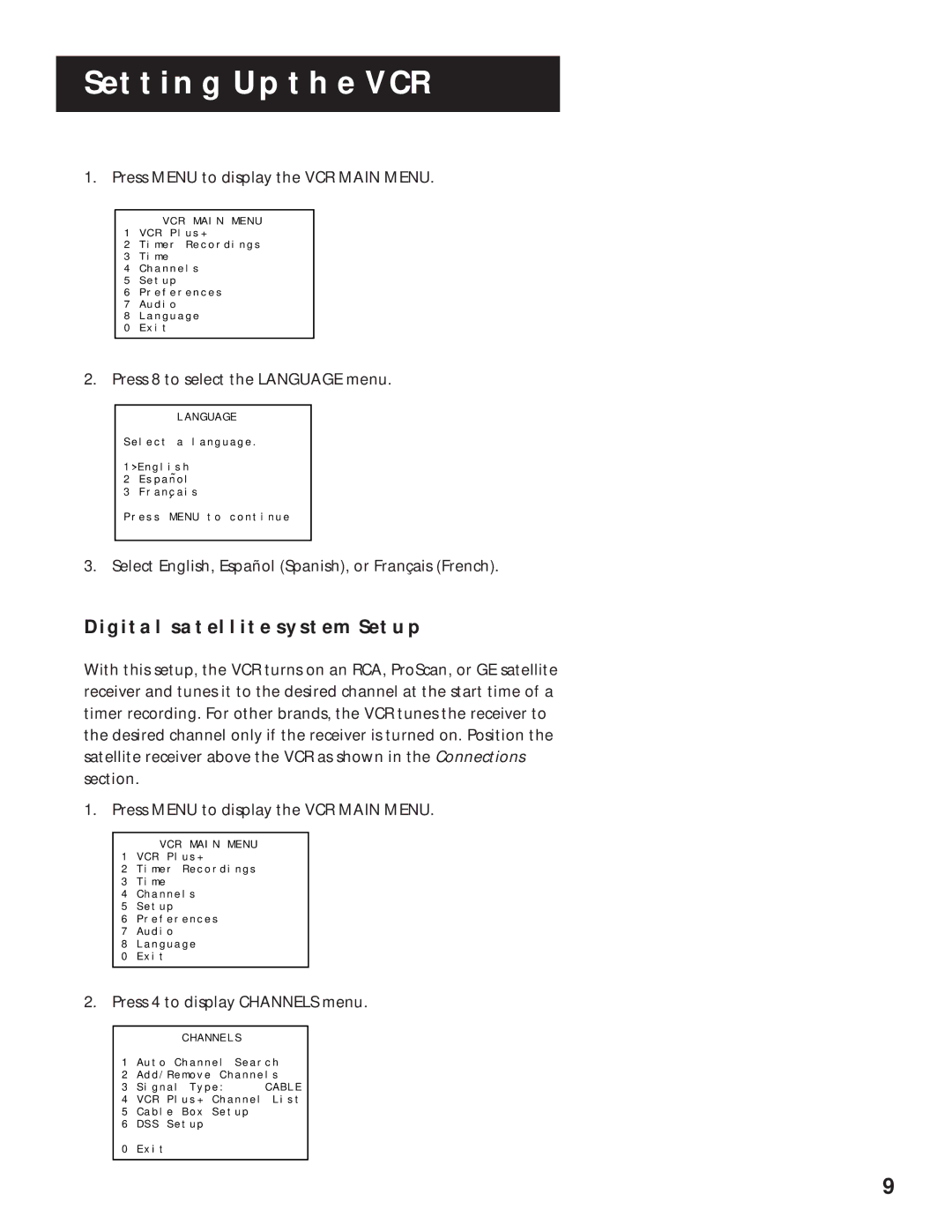 RCA VR636HF manual Digital Satellite System Setup, Press 8 to select the Language menu, Press 4 to display Channels menu 