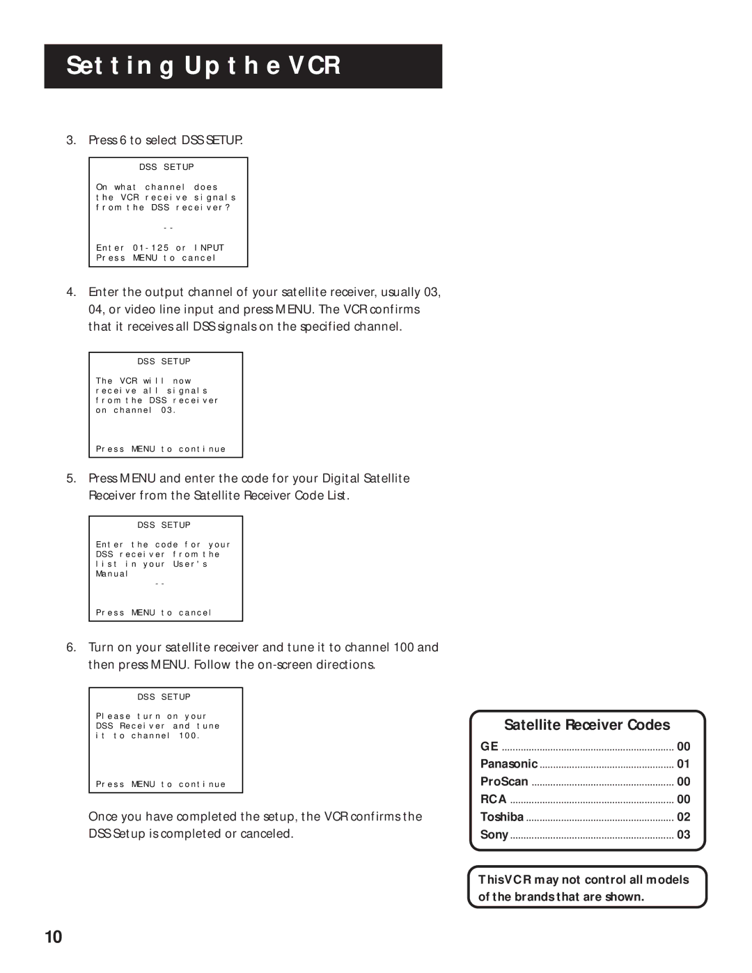 RCA VR636HF manual Satellite Receiver Codes, Press 6 to select DSS Setup 