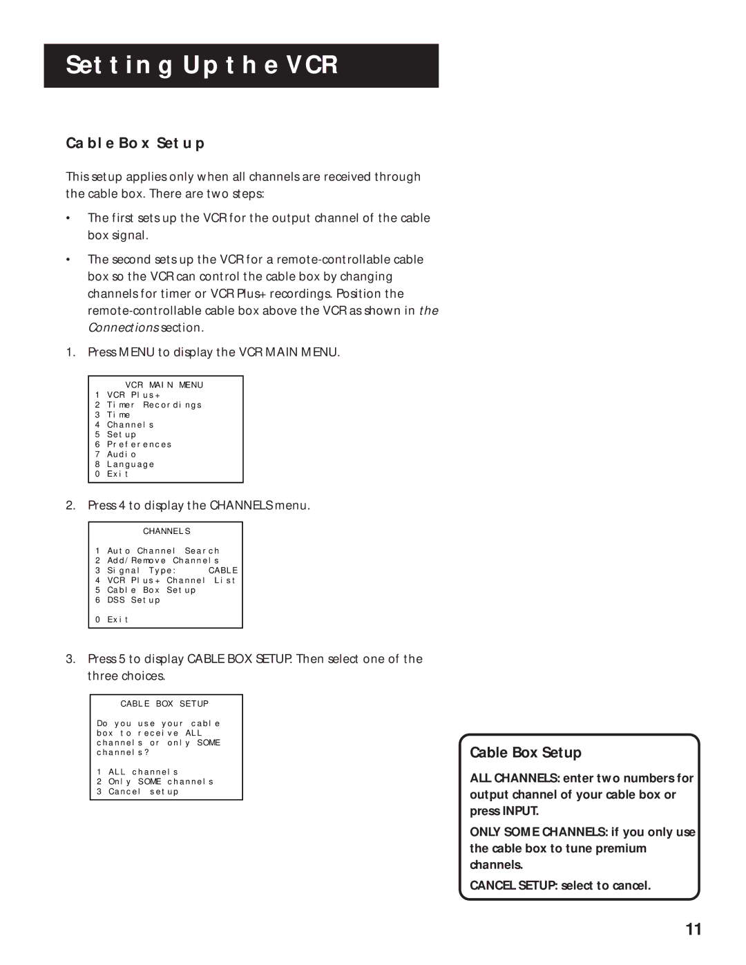 RCA VR636HF manual Cable BOX Setup, Cable Box Setup, Press 4 to display the Channels menu 