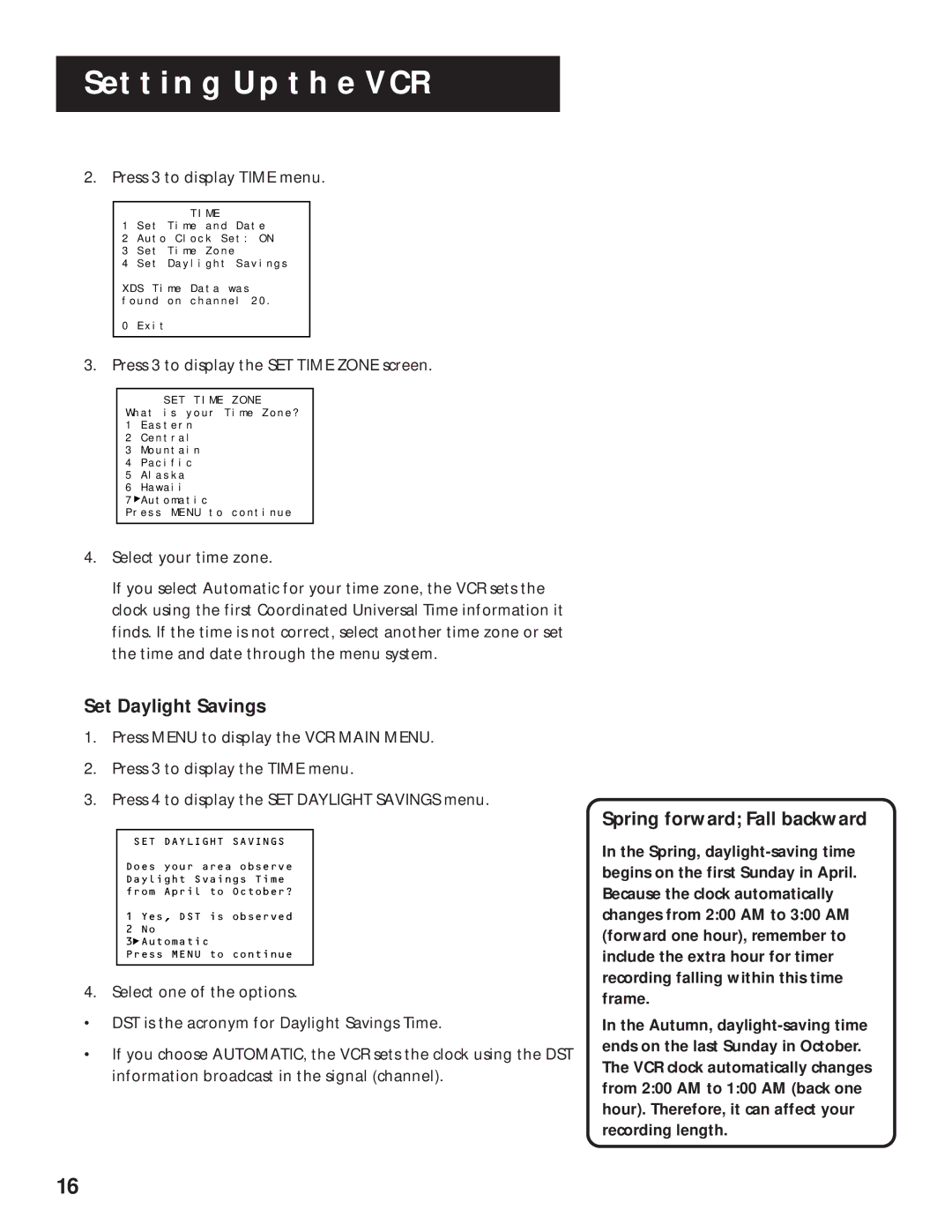 RCA VR636HF manual Set Daylight Savings, Spring forward Fall backward, Press 3 to display Time menu 