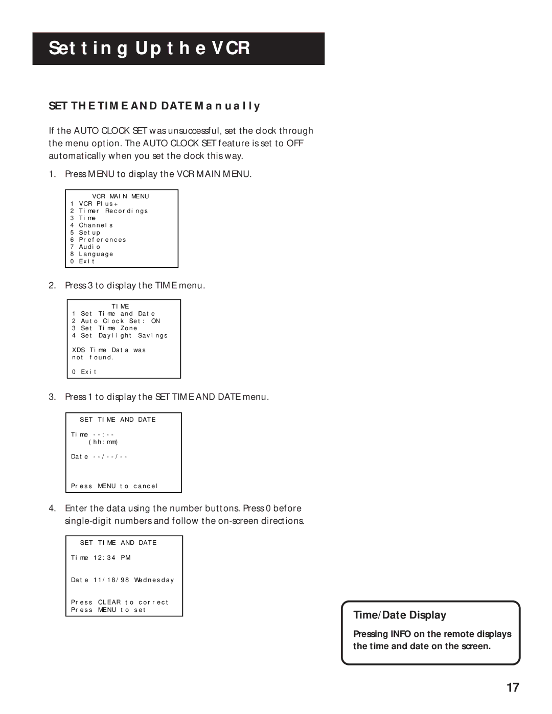 RCA VR636HF manual SET the Time and Date Manually, Time/Date Display, Press 1 to display the SET Time and Date menu 