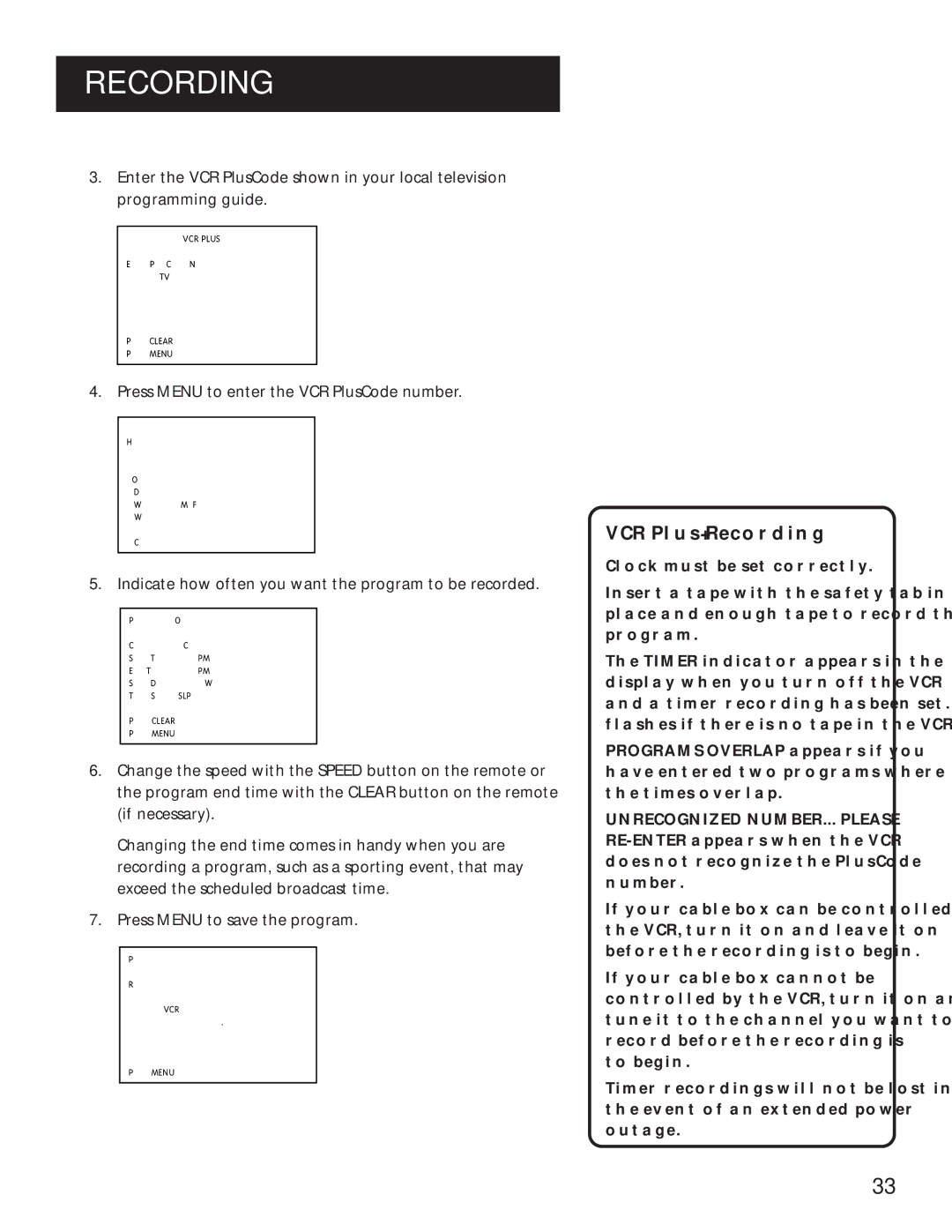 RCA VR636HF manual VCR Plus+ Recording, Press Menu to enter the VCR PlusCode number 