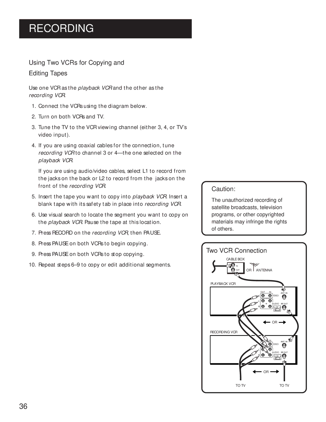 RCA VR636HF manual Using TWO Vcrs for Copying Editing Tapes, Two VCR Connection 