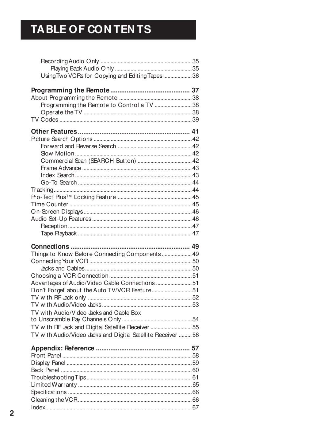 RCA VR636HF manual Programming the Remote, Other Features, Connections, Appendix Reference 