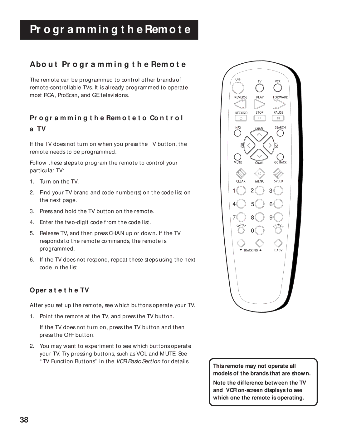 RCA VR636HF manual About Programming the Remote, Programming the Remote to Control, Operate the TV 