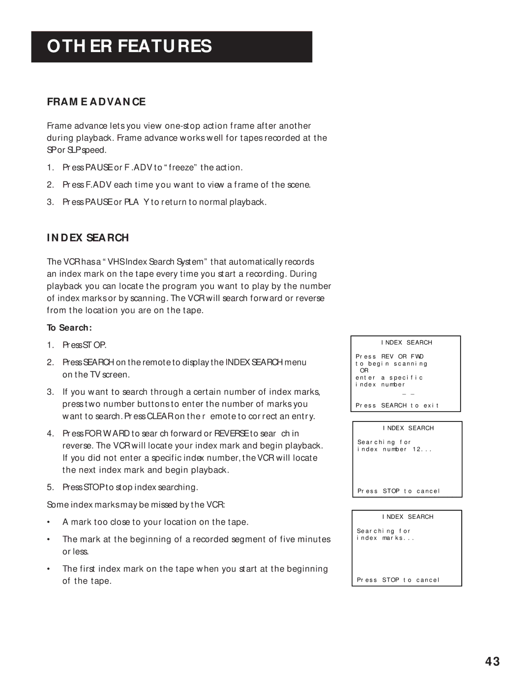 RCA VR636HF manual Frame Advance, Index Search, To Search 