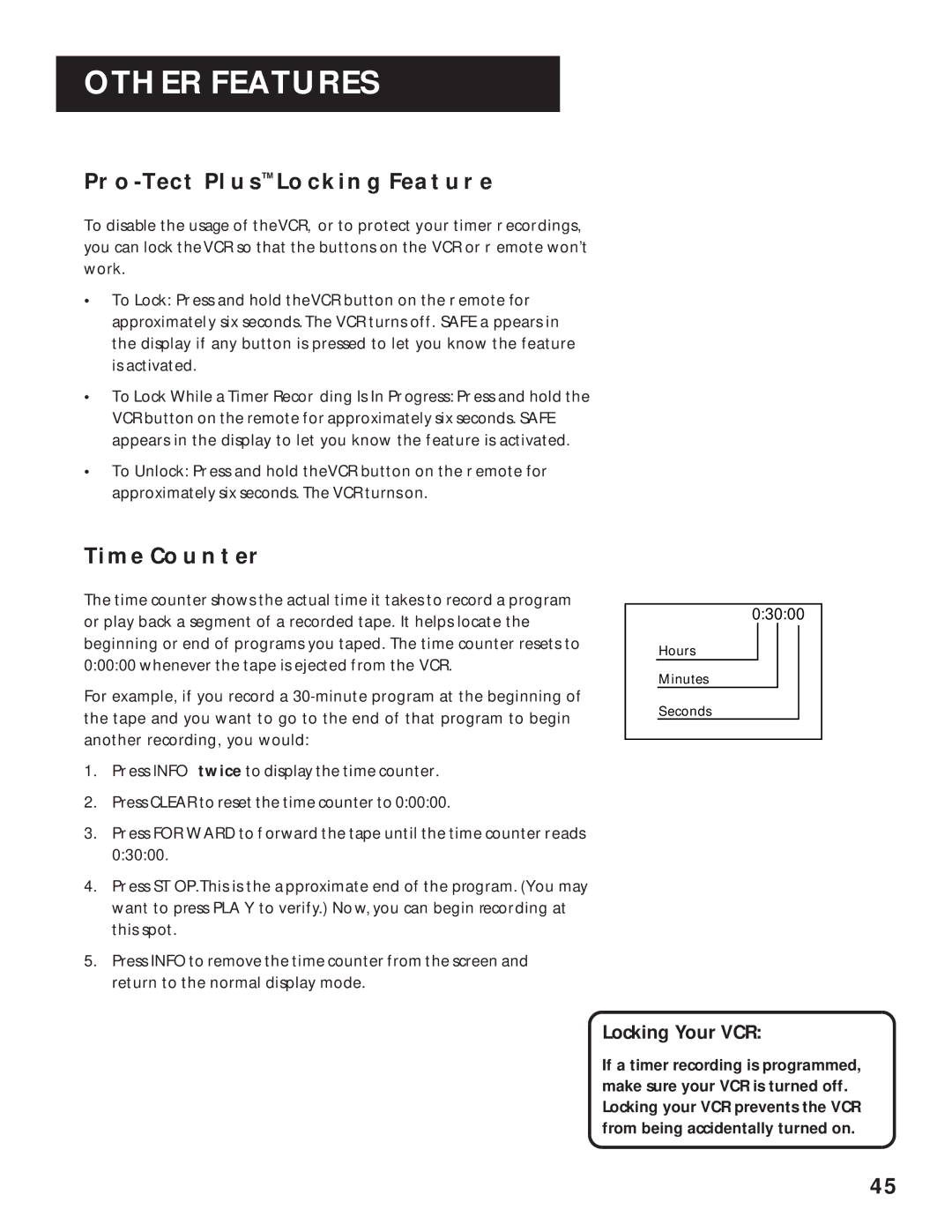 RCA VR636HF manual PRO-TECT Plus Locking Feature, Time Counter, Locking Your VCR 