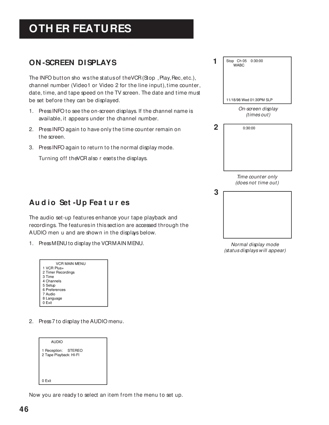 RCA VR636HF manual ON-SCREEN Displays, Audio SET-UP Features, Press 7 to display the Audio menu 