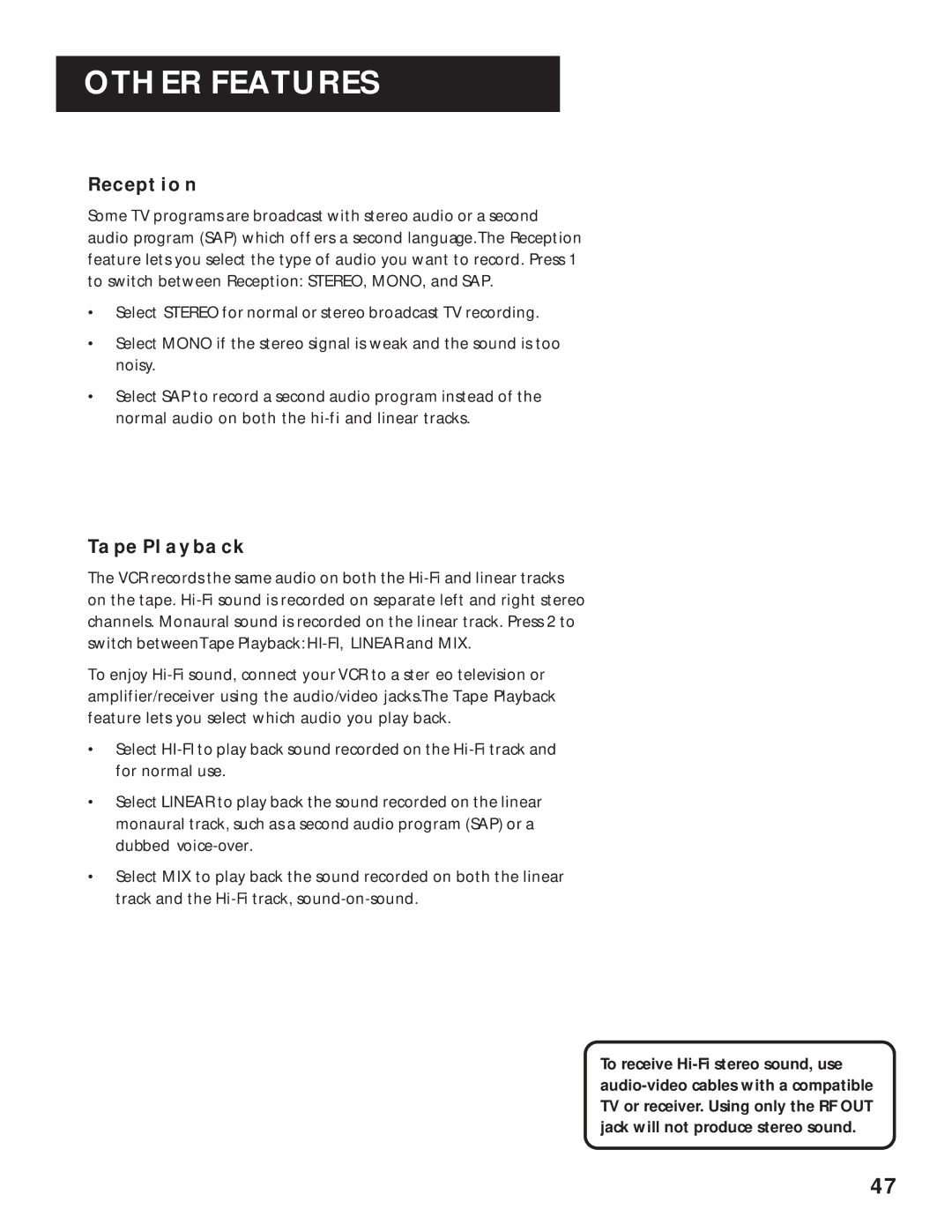 RCA VR636HF manual Reception, Tape Playback 