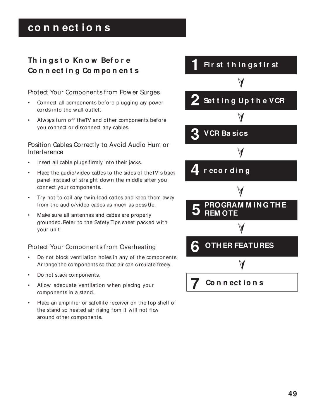 RCA VR636HF manual Connections, Things to Know Before Connecting Components, Protect Your Components from Power Surges 