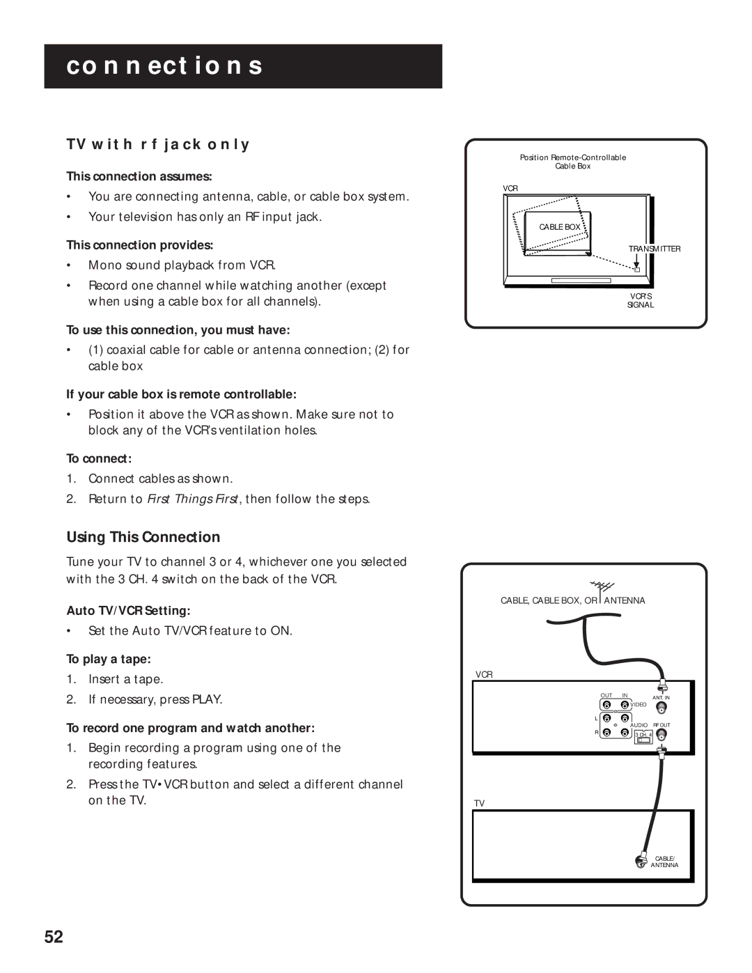 RCA VR636HF manual TV with RF Jack only, Using This Connection 