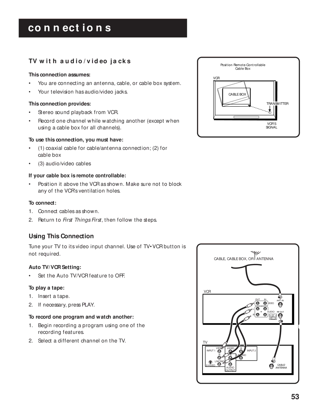 RCA VR636HF manual TV with AUDIO/VIDEO Jacks, Set the Auto TV/VCR feature to OFF 