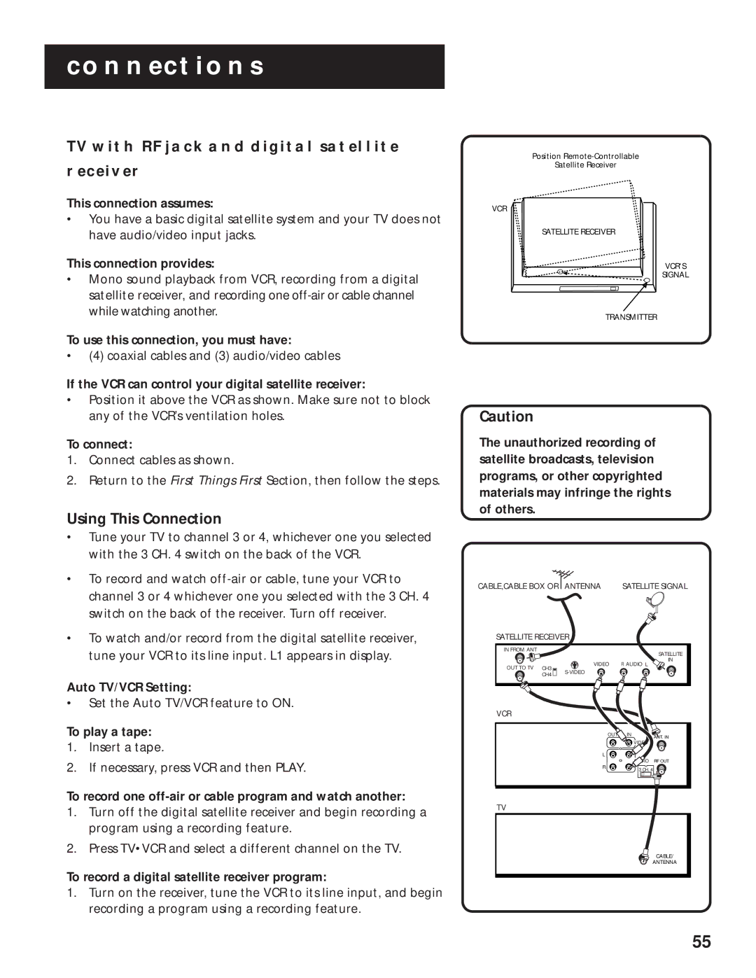 RCA VR636HF manual TV with RF Jack and Digital Satellite Receiver, If the VCR can control your digital satellite receiver 