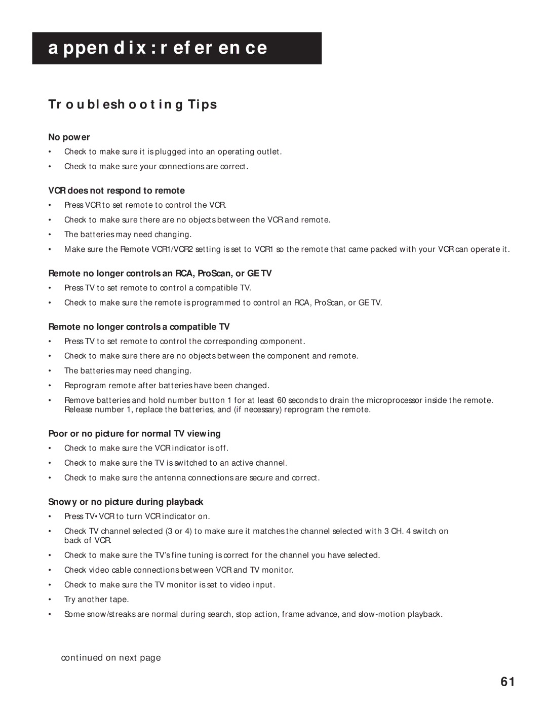 RCA VR636HF manual Troubleshooting Tips 