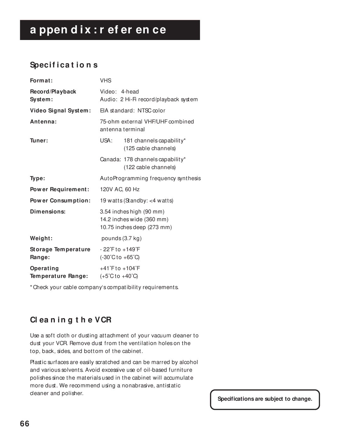 RCA VR636HF manual Specifications, Cleaning the VCR 