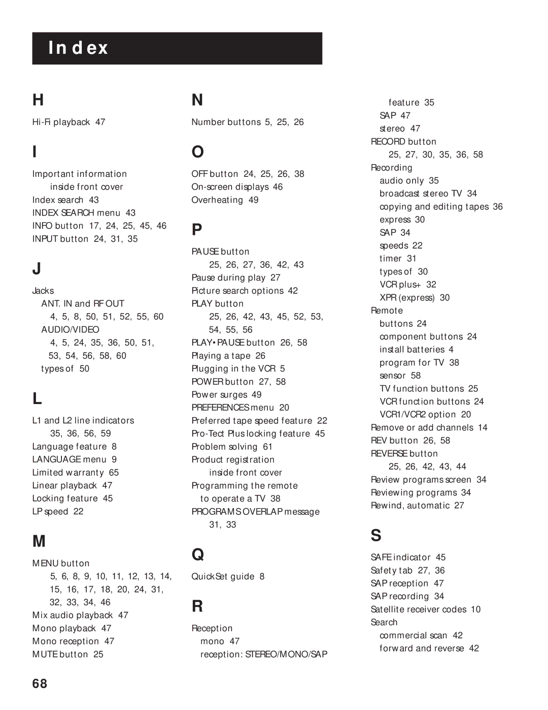 RCA VR636HF manual Index 