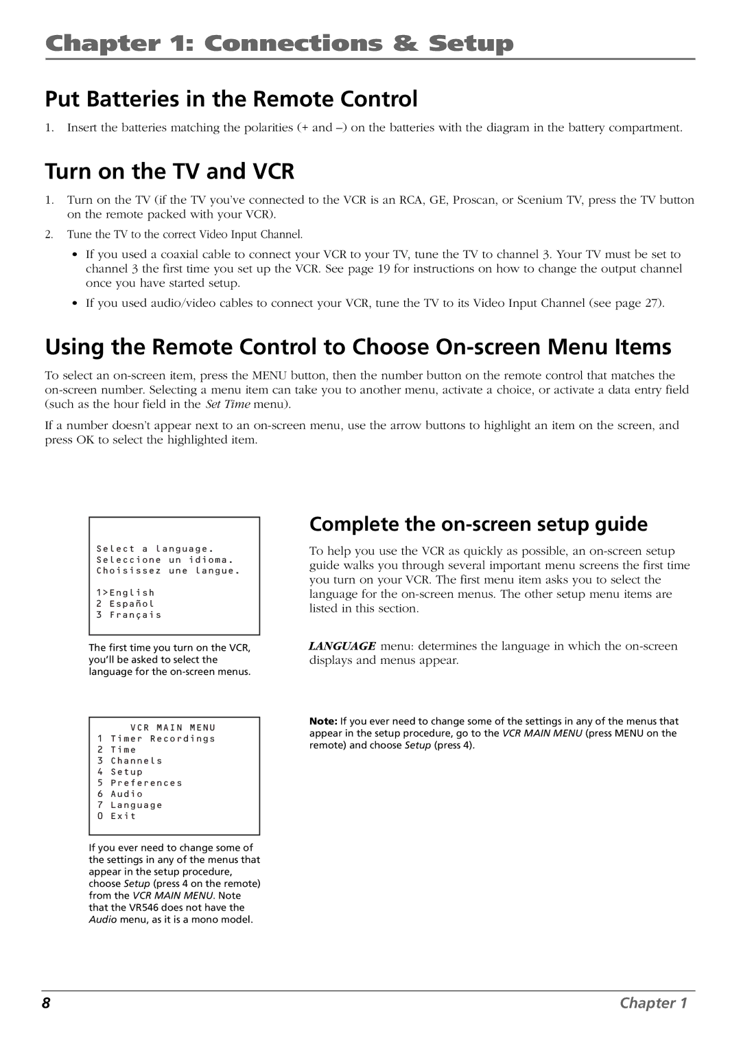 RCA VR637HF, VR546 manual Put Batteries in the Remote Control, Turn on the TV and VCR, Complete the on-screen setup guide 