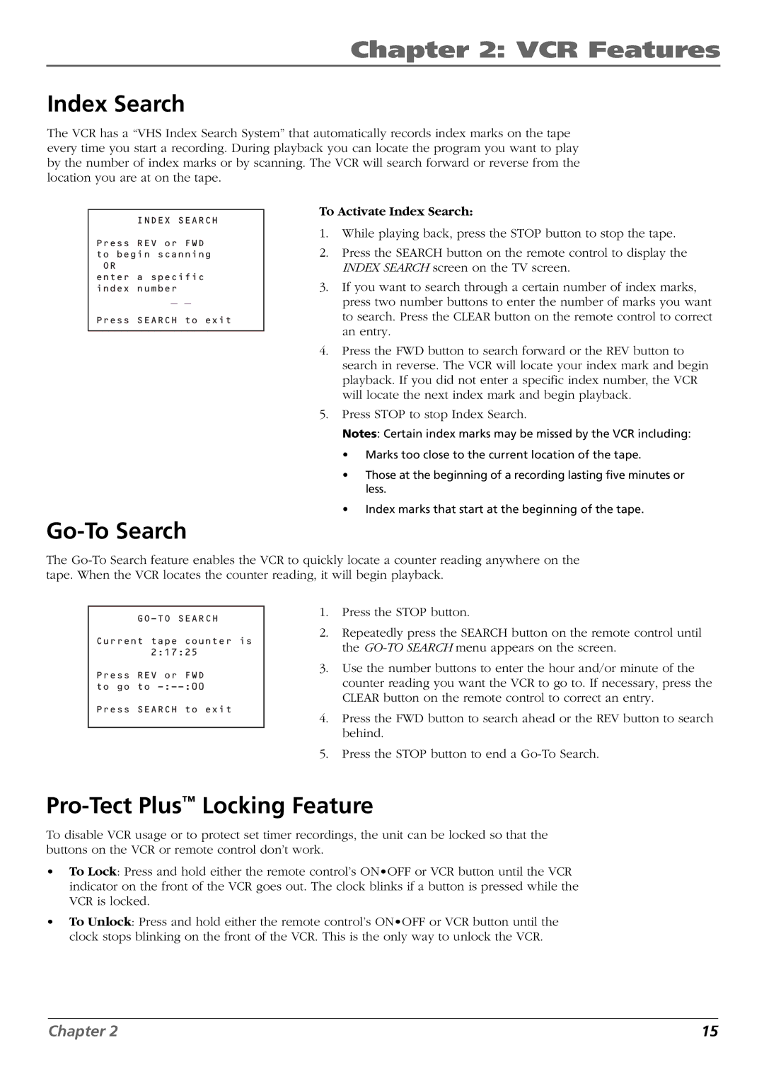 RCA VR546, VR637HF manual Go-To Search, Pro-Tect Plus Locking Feature, To Activate Index Search 