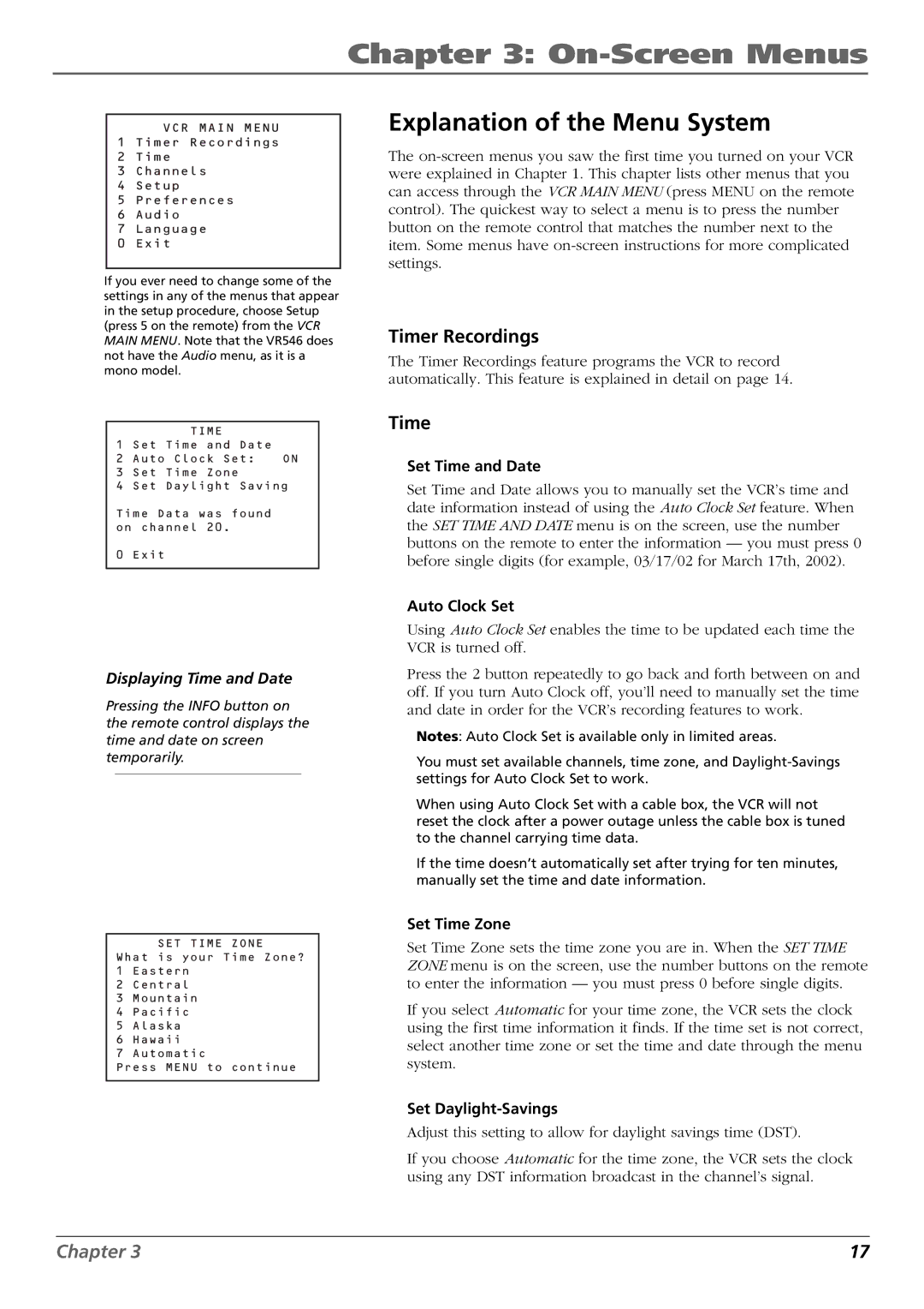 RCA VR546, VR637HF manual On-Screen Menus, Explanation of the Menu System, Timer Recordings 