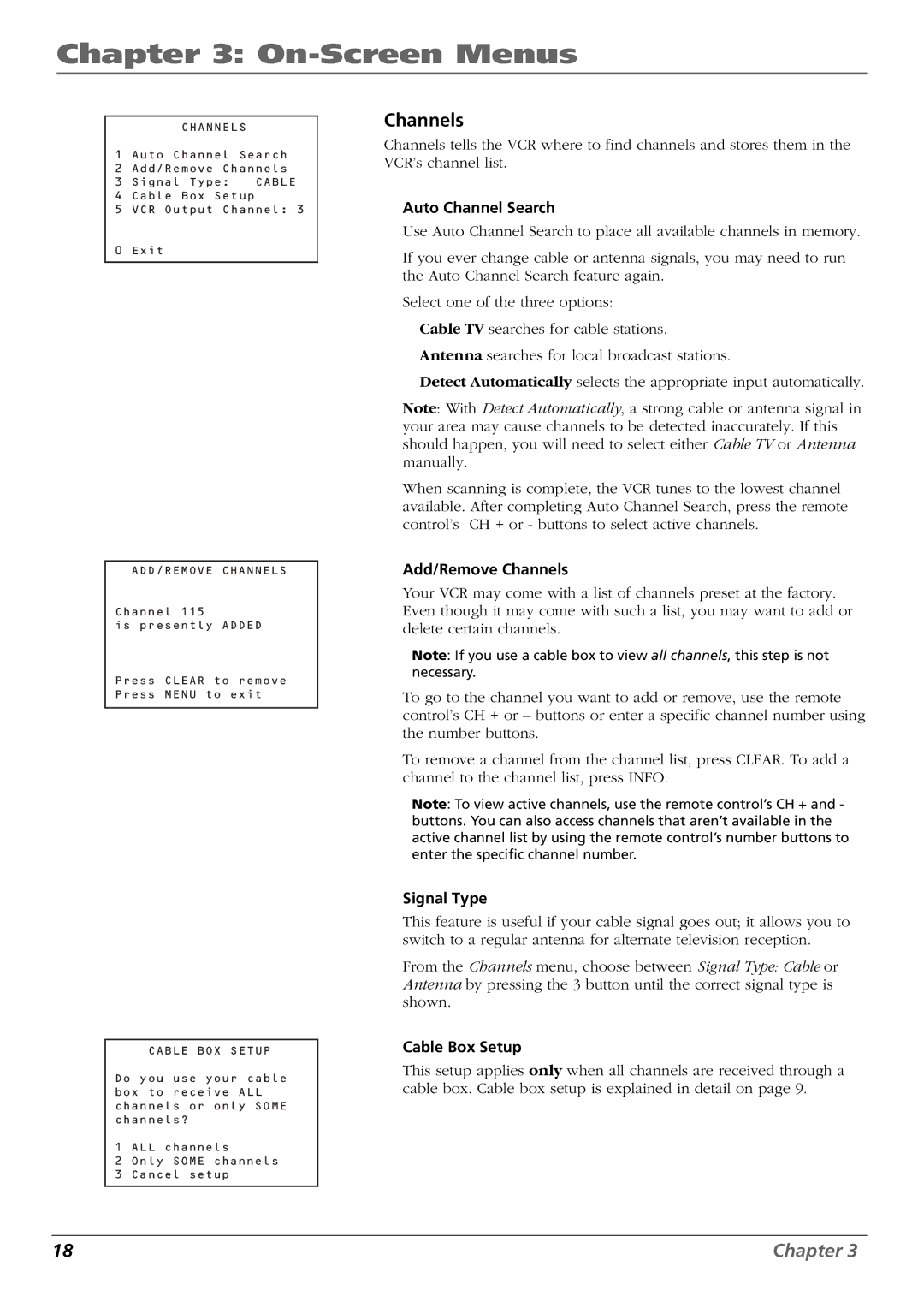 RCA VR637HF, VR546 manual Auto Channel Search, Add/Remove Channels, Signal Type, Cable Box Setup 