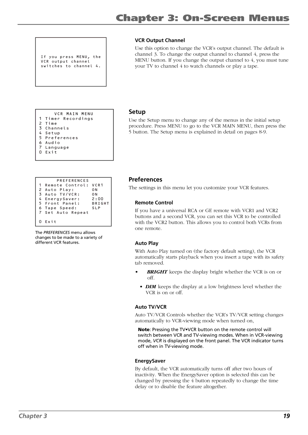 RCA VR546, VR637HF manual Setup, Preferences 