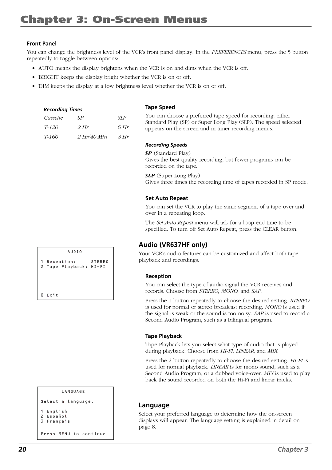 RCA VR546 manual Audio VR637HF only, Language 