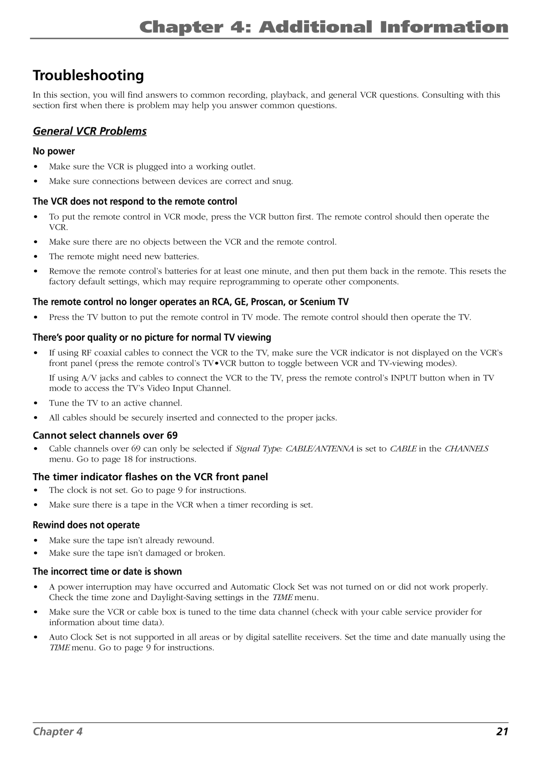 RCA VR546, VR637HF manual Additional Information, Troubleshooting 