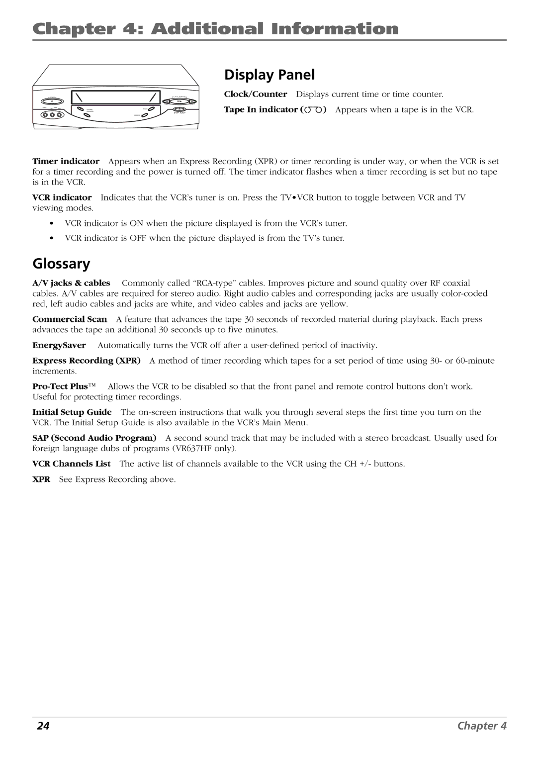 RCA VR637HF, VR546 manual Display Panel, Glossary 