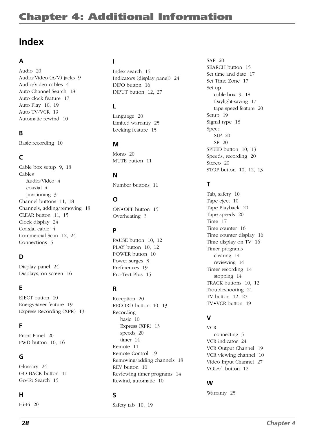 RCA VR637HF, VR546 manual Index 