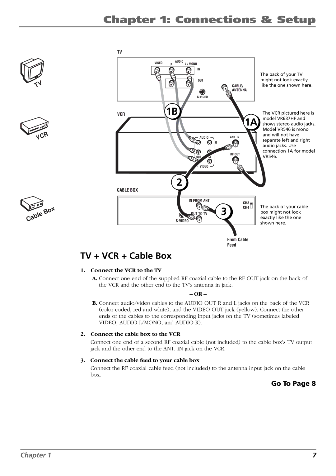 RCA VR546, VR637HF manual TV + VCR + Cable Box, Connect the cable box to the VCR, Connect the cable feed to your cable box 