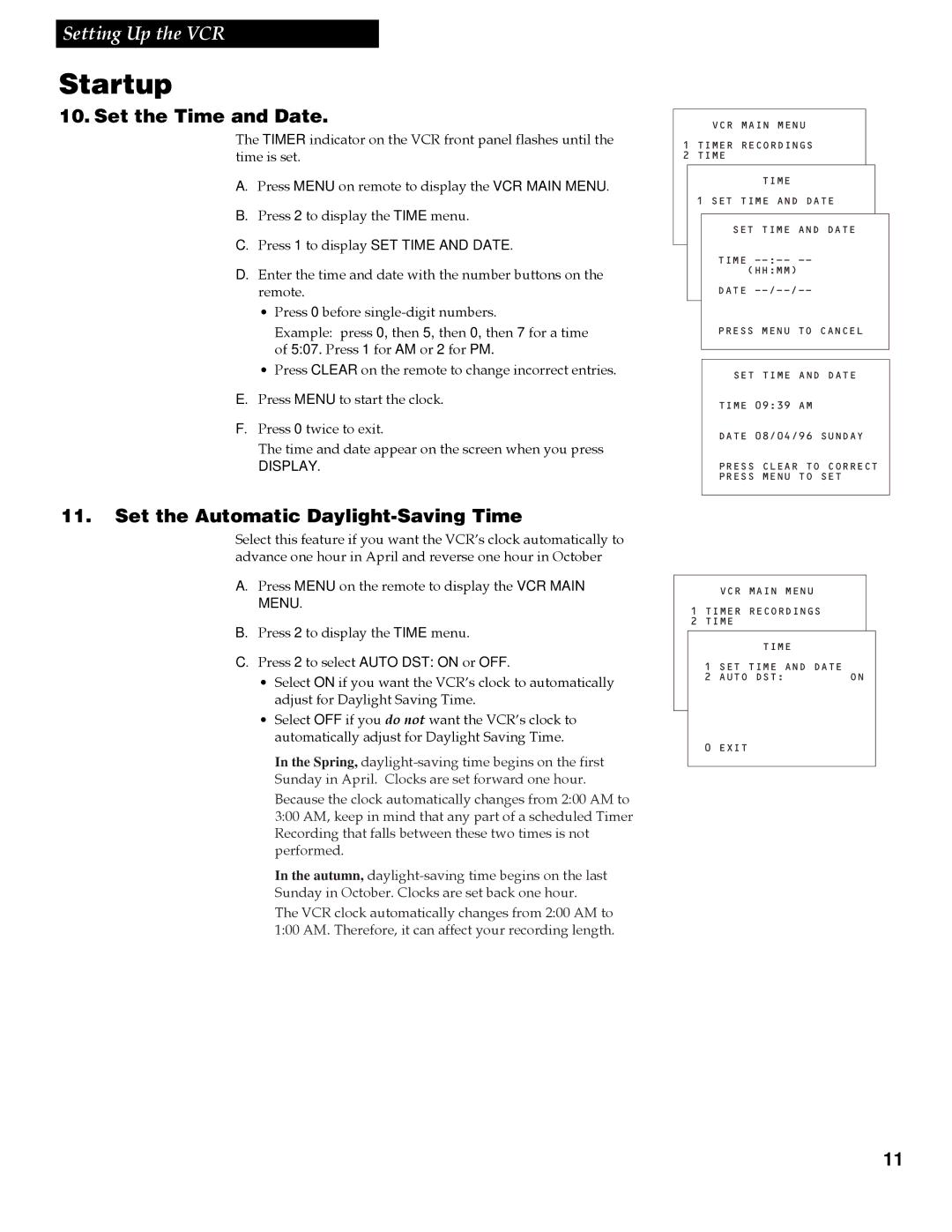 RCA VR642HF manual Set the Time and Date, Set the Automatic Daylight-Saving Time 