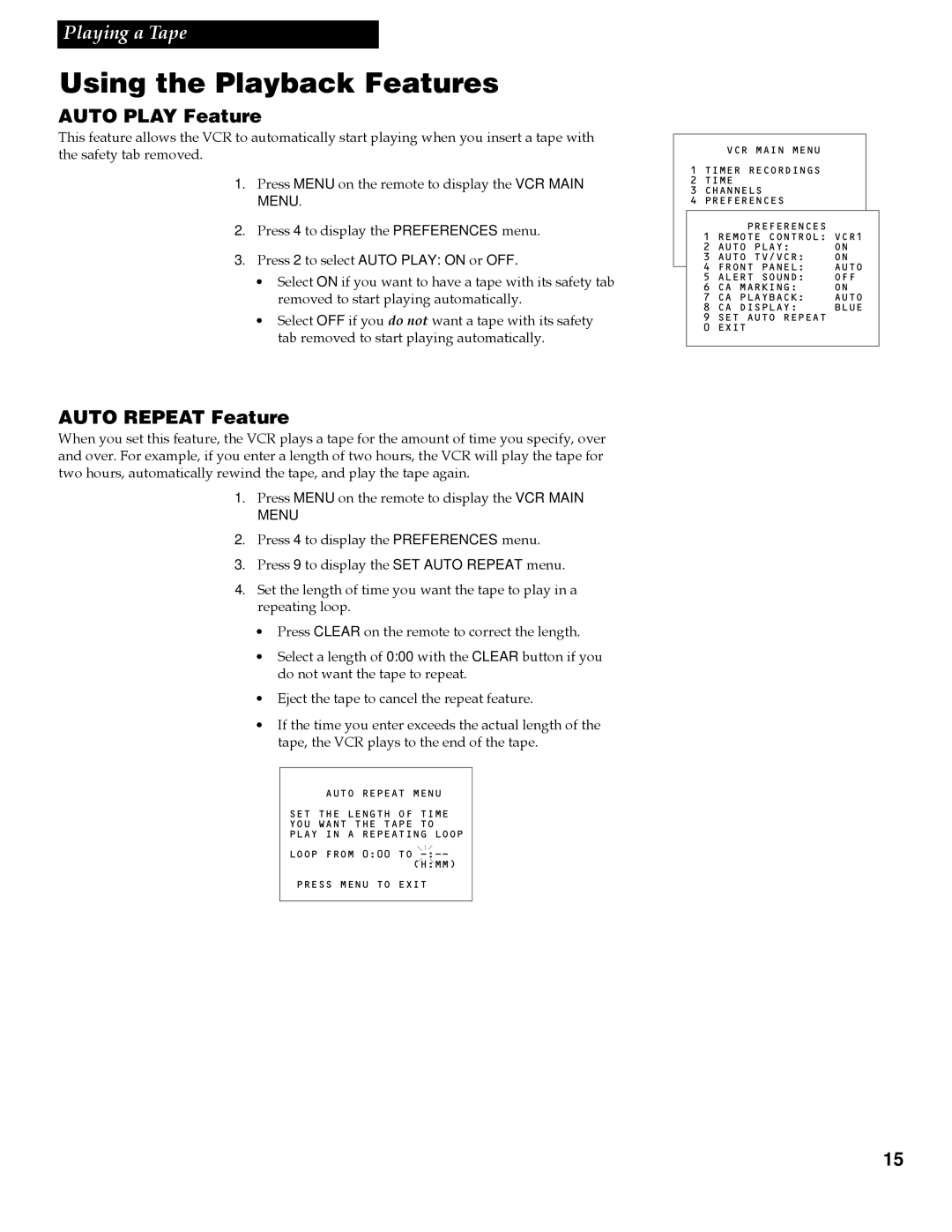 RCA VR642HF manual Using the Playback Features, Auto Play Feature, Auto Repeat Feature 