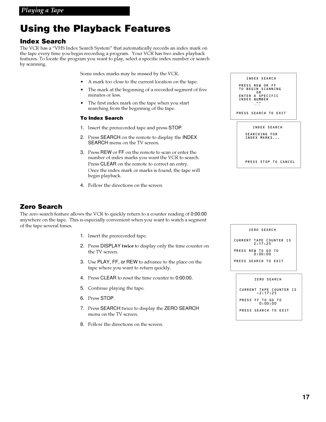 RCA VR642HF manual Zero Search, To Index Search 