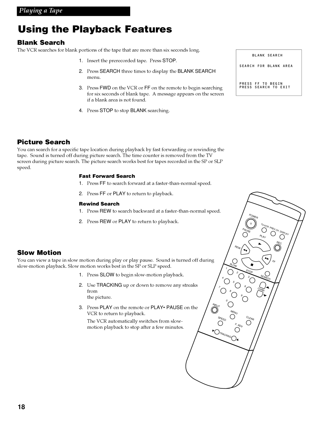 RCA VR642HF manual Blank Search, Picture Search, Slow Motion, Fast Forward Search, Rewind Search 