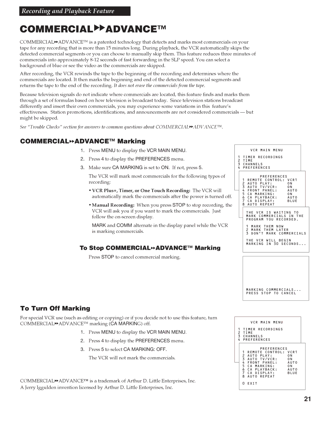 RCA VR642HF manual Commercialaadvance Marking, To Turn Off Marking 