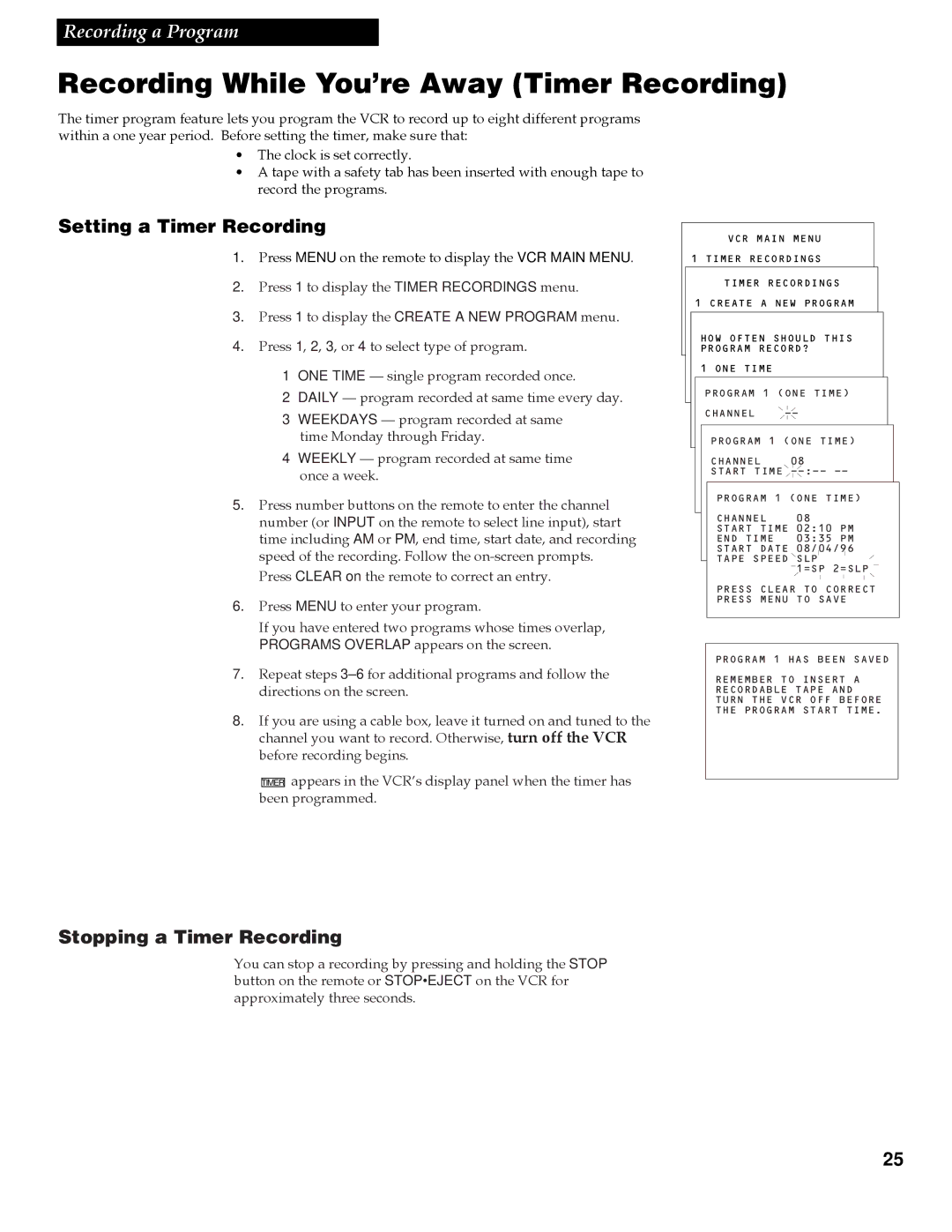 RCA VR642HF manual Recording While You’re Away Timer Recording, Setting a Timer Recording, Stopping a Timer Recording 