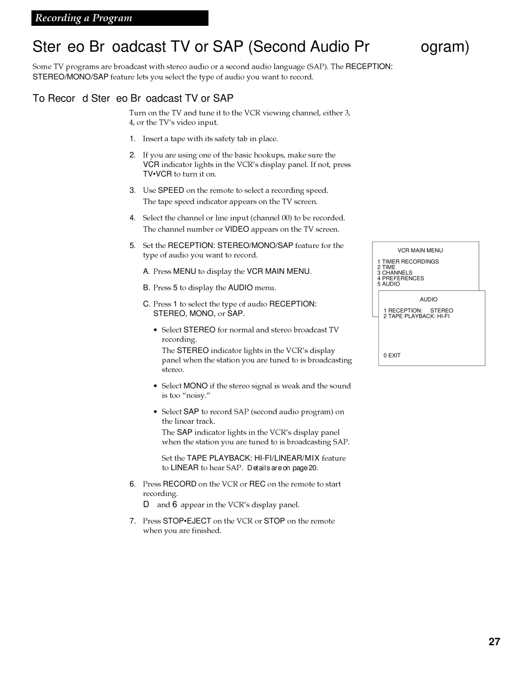 RCA VR642HF manual Stereo Broadcast TV or SAP Second Audio Program, To Record Stereo Broadcast TV or SAP 