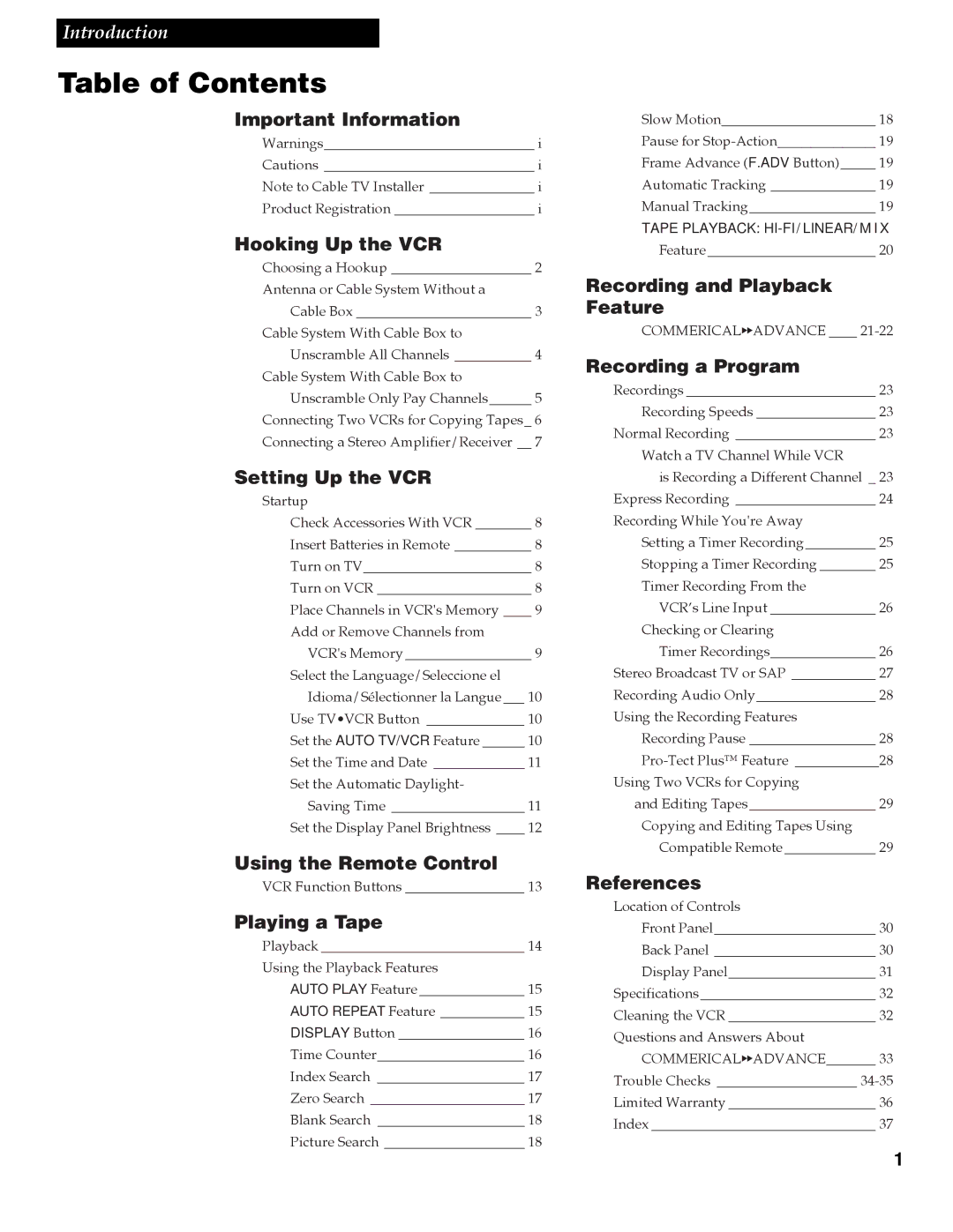 RCA VR642HF manual Table of Contents 